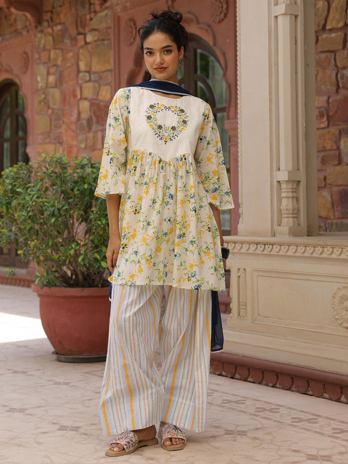 Women's Cotton Floral Embroidered Farshi Kurta Set With Dupatta