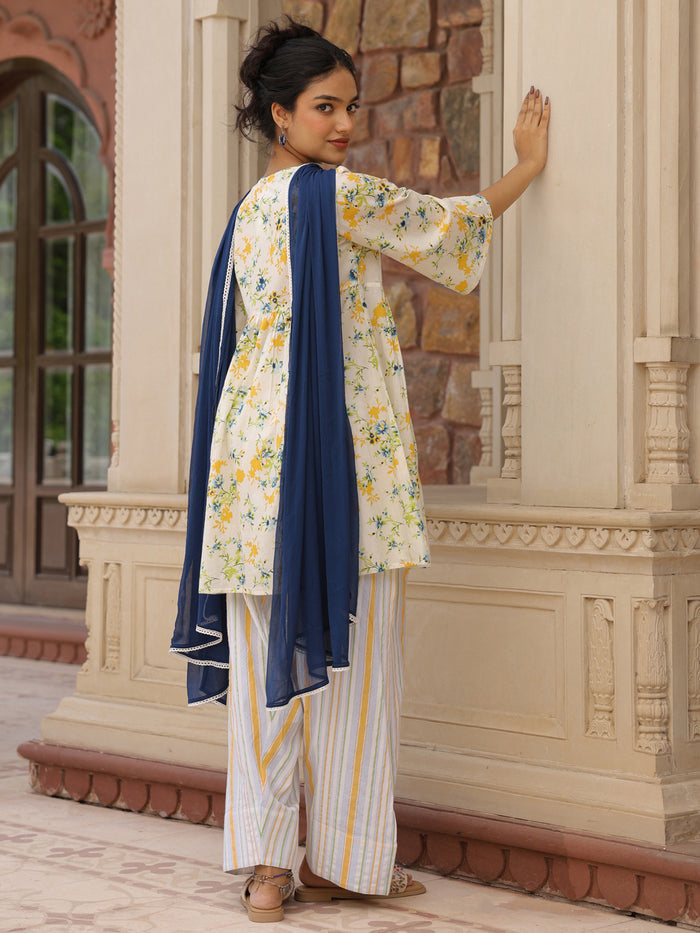 Women's Cotton Floral Embroidered Farshi Kurta Set With Dupatta