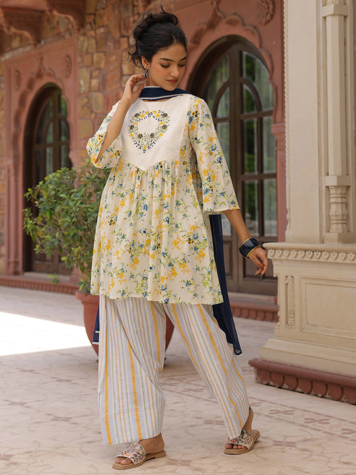 Women's Cotton Floral Embroidered Farshi Kurta Set With Dupatta