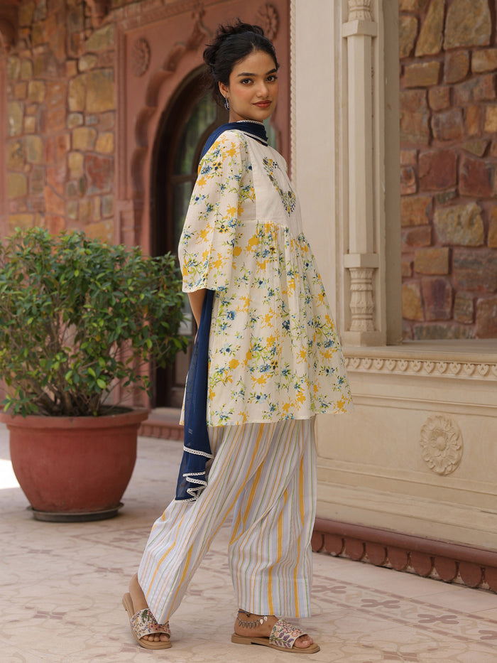 Women's Cotton Floral Embroidered Farshi Kurta Set With Dupatta