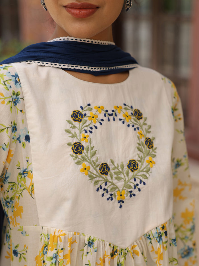 Women's Cotton Floral Embroidered Farshi Kurta Set With Dupatta