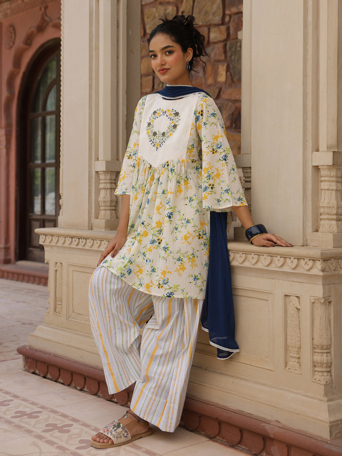 Women's Cotton Floral Embroidered Farshi Kurta Set With Dupatta