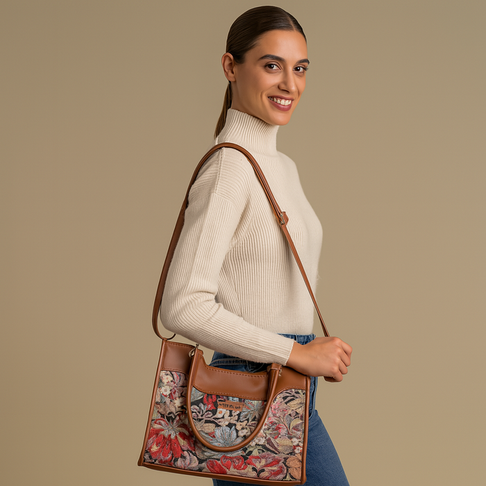 Women’s floral tapestry vegan?leather crossbody satchel for travel, office, work, and daily use — Canada & USA-model image