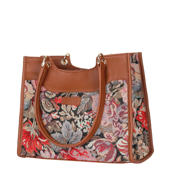 Women’s floral tapestry vegan?leather crossbody satchel for travel, office, work, and daily use — Canada & USA-half side view