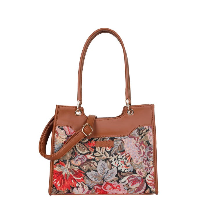 Women’s floral tapestry vegan?leather crossbody satchel for travel, office, work, and daily use — Canada & USA-full front view