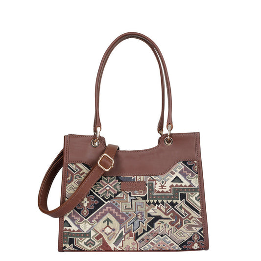 Women's geometric tapestry leather trim crossbody satchel bag — precise tessellated forms and bold geometric lines, sishka.ca