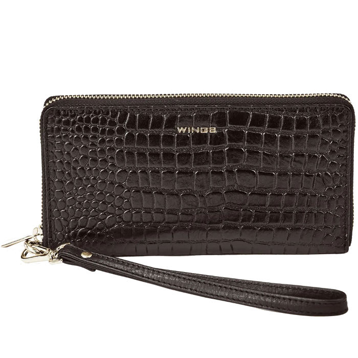 Damski portfel skórzany z paskiem na nadgarstek WINGS CROCO BLACK LEATHER COLLECTION