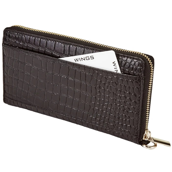 Damski portfel skórzany z paskiem na nadgarstek WINGS CROCO BLACK LEATHER COLLECTION