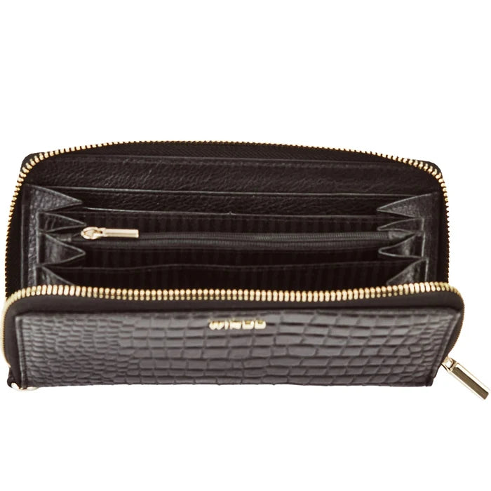Damski portfel skórzany z paskiem na nadgarstek WINGS CROCO BLACK LEATHER COLLECTION