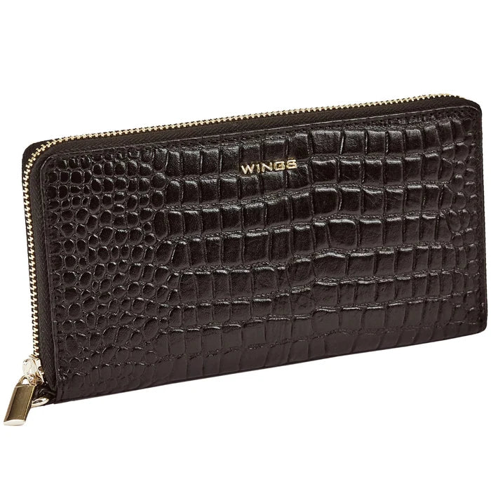 Damski portfel skórzany z paskiem na nadgarstek WINGS CROCO BLACK LEATHER COLLECTION