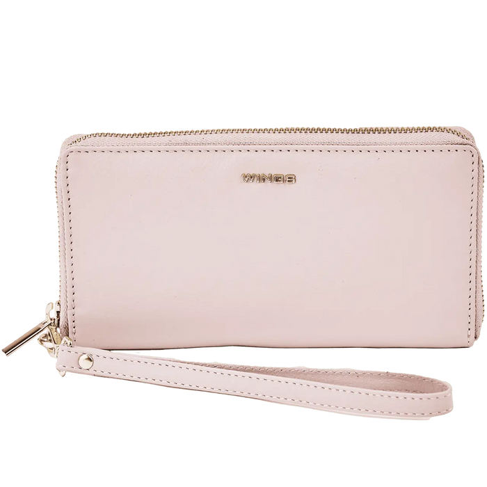 Damski portfel skórzany z paskiem na nadgarstek WINGS PINK LEATHER COLLECTION