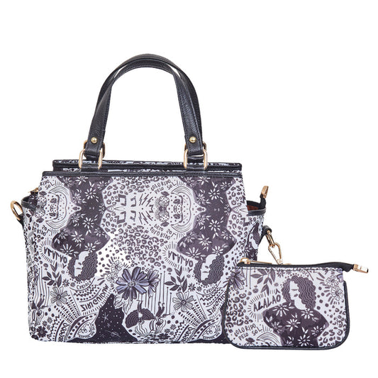 Women's travel combo black & white satchel bag and coin pouch