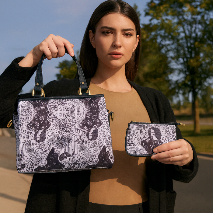 Women's travel combo black & white satchel bag and coin pouch-model image