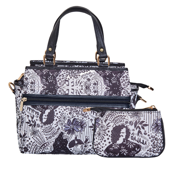 Women's travel combo black & white satchel bag and coin pouch-back view
