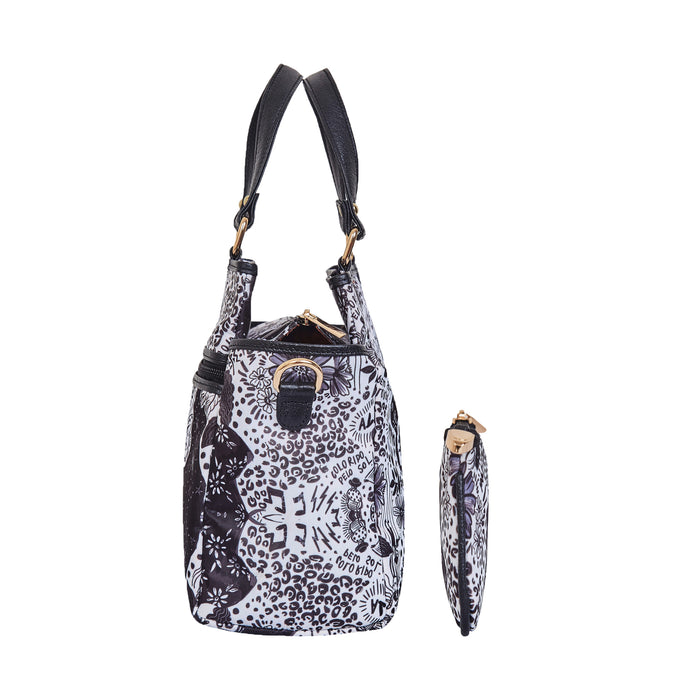 Women's travel combo black & white satchel bag and coin pouch-side view