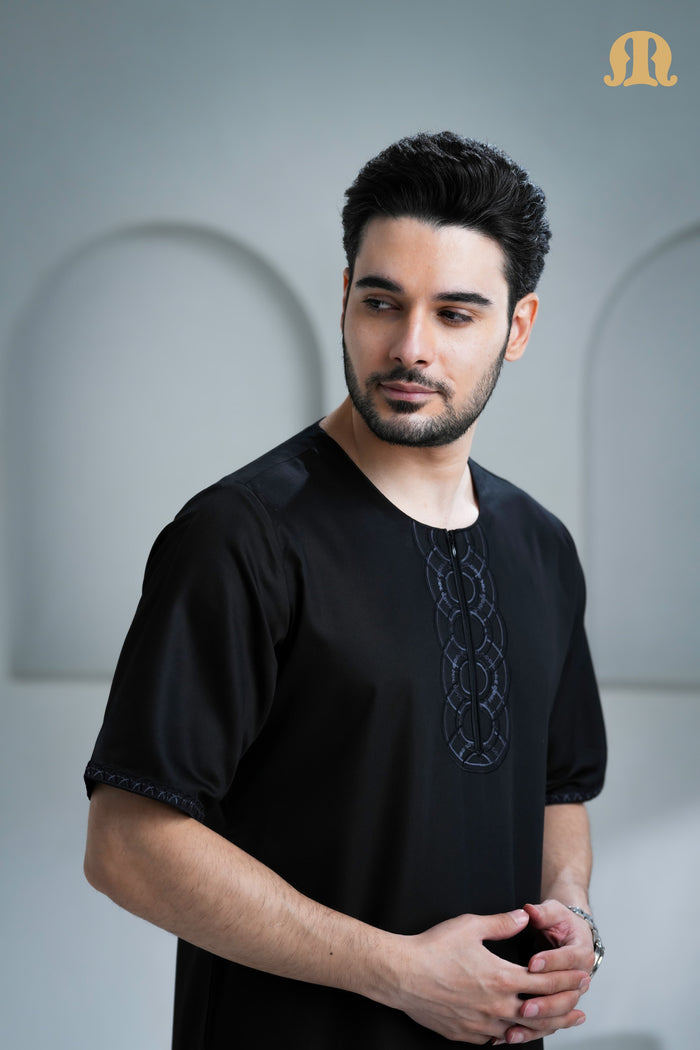 Zerouki Half Sleeve Thobe Black for Men